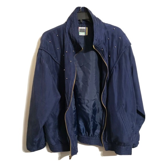 Vintage Div Rousso Silk Bomber Jacket Jogger Windbreaker Dark Blue Studded MED. - Picture 5 of 11